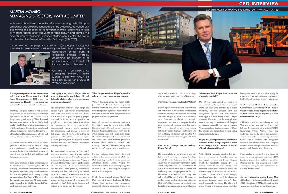 CEO Interview – Martin Monro – Watpac Limited Australian National Construction Review Magazine